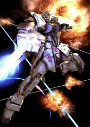  absurdres beam beam_rifle commentary_request energy_gun explosion gun gundam gundam_seed gundam_seed_a-star highres kou_(mechalog) mecha no_humans robot solo tsx-01-x1_trias weapon 