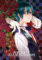  1boy bleeding blood blood_splatter blue_hair ciel_phantomhive commentary_request cuts disembodied_hand earrings eyepatch flower gloves heterochromia injury jewelry kodona kuroshitsuji lolita_fashion looking_at_viewer male_focus pentagram petals photoshop_(medium) red_flower red_rose ribbon rose rose_petals solo symbol-shaped_pupils unworn_eyepatch vest yooani 