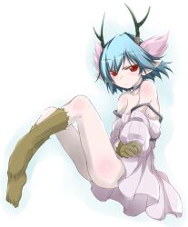  antlers ass bad_id bad_pixiv_id bare_shoulders blue_hair bob_cut c_(control) dress female horns monster_girl q_(control) red_eyes short_hair solo strap_slip yumesato_makura 