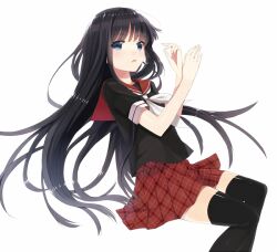  black_hair blue_eyes bow commentary_request female kurasawa_moko long_hair original photoshop_(medium) plaid plaid_skirt school_uniform serafuku simple_background skirt solo thighhighs zettai_ryouiki 