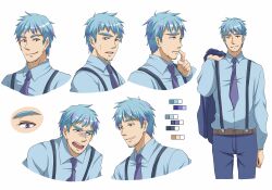  1boy animification bad_id bad_pixiv_id belt blue_hair brown_belt closed_mouth color_guide facial_hair goatee_stubble humanization james_p._sullivan male_focus monsters_inc. multicolored_hair multiple_views necktie open_mouth purple_necktie reference_sheet runosuke smile stubble suspenders teeth thick_eyebrows tie_clip upper_teeth_only 