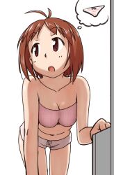  antenna_hair bandeau bare_shoulders bow bow_panties breasts brown_hair cleavage commentary_request female hidaka_ai idolmaster idolmaster_dearly_stars looking_away medium_breasts open_mouth panties short_hair shorts solo strapless thought_bubble ttomm tube_top underwear white_shorts 