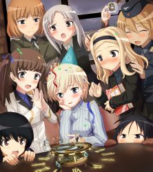  502nd_joint_fighter_wing 502nd_joint_fighter_wing_(emblem) 6+girls aleksandra_i._pokryshkin black_eyes black_hair blonde_hair blue_eyes blush brave_witches brown_eyes closed_eyes commentary_request cup edytha_rossmann eila_ilmatar_juutilainen garrison_cap georgette_lemare gloves gundula_rall hairband hat head_rest hi-ho- highres kanno_naoe military military_uniform multiple_girls music_box nikka_edvardine_katajainen open_mouth orange_hair own_hands_together sanya_v._litvyak shimohara_sadako short_hair smile strike_witches tonttu twintails uniform waltrud_krupinski world_witches_series 