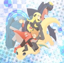  2boys bad_id bad_pixiv_id blonde_hair blue_hair boots brown_eyes brown_hair cape chita_(ketchup) cynthia_(pokemon) dragonite female formal garchomp hair_ornament holding holding_poke_ball lance_(pokemon) long_hair metagross multiple_boys poke_ball pokemon pokemon_(creature) pokemon_adventures pokemon_dppt pokemon_rgby pokemon_rse short_hair steven_stone suit 