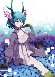  antlers bare_shoulders blue_door blue_hair c_(control) choker commentary_request detached_sleeves dress eating female gloves green_eyes hair_ornament head_wings highres horns midas_money pointy_ears q_(control) red_eyes short_hair sitting solo tongue wings 