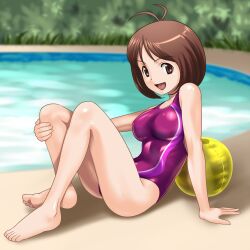  ball barefoot breasts brown_eyes brown_hair commentary_request competition_swimsuit feet female hidaka_ai idolmaster idolmaster_dearly_stars leg_hold medium_breasts muhi11234 one-piece_swimsuit outdoors pool smile solo swimsuit water 