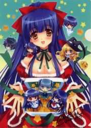  1boy 6+girls absurdres azuma_hazuki bow breasts carnelian chibi christmas cleavage company_connection creator_connection hairbow highres kamiazuma_touka kao_no_nai_tsuki kawakabe_momoka ken-chan kuraki_mizuna kuraki_suzuna lilith_(yamibou) medium_breasts multiple_girls para-sol photoshop_(medium) root_(company) scan school_uniform touka_gettan yami_to_boushi_to_hon_no_tabibito yatabe_miu yatabe_noa 