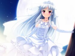  dress dutch_angle elbow_gloves female full_moon game_cg gloves headdress light_smile long_hair lovekami moon night outdoors red_eyes solo tsukuyomi_usagi wedding_dress white_theme yashima_takahiro 