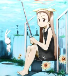  barefoot brown_hair day dress feet female fishing_rod flower hairband idolmaster idolmaster_(classic) long_hair minase_iori petite sitting sitting_on_stairs sky solo stairs stuffed_animal stuffed_rabbit stuffed_toy ttomm usa-chan_(idolmaster) very_long_hair 