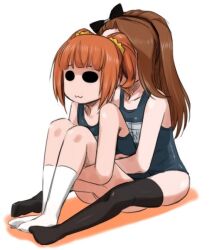  2girls :3 black_thighhighs brown_hair commentary_request hairband hug hug_from_behind hugging_own_legs idolmaster idolmaster_(classic) long_hair minase_iori multiple_girls no_eyes no_shoes one-piece_swimsuit school_swimsuit sitting socks swimsuit takatsuki_yayoi thighhighs ttomm twintails white_legwear 