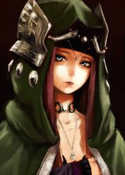  blue_eyes brown_hair choker commentary_request cressida_obdilord female hood jewelry kawakami_rokkaku long_hair necklace portrait robe solo tactics_ogre 