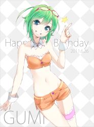  argyle_background blue_eyes bridal_garter buttons commentary_request crop_top dated detached_collar eyewear_on_head female glasses green_hair grin gumi happy_birthday head_tilt highres midriff navel orange_shorts photoshop_(medium) short_hair short_shorts shorts smile solo thigh_gap vocaloid yahako 