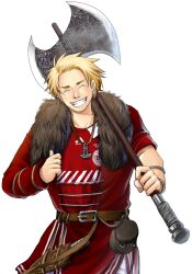  1boy axe axis_powers_hetalia belt blonde_hair closed_eyes commentary_request denmark_(hetalia) fur grin jersey jewelry knife male_focus md5_mismatch necklace pouch sherry_lai simple_background smile solo weapon white_background 