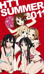  5girls akiyama_mio bad_id bad_pixiv_id ball beachball bikini black_eyes black_hair blonde_hair blue_eyes brown_eyes brown_hair highres hirasawa_yui jeki k-on! kotobuki_tsumugi long_hair multiple_girls nakano_azusa photoshop_(medium) short_hair swimsuit tainaka_ritsu twintails v 