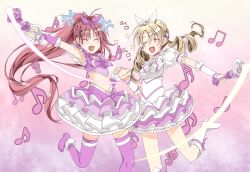  2girls alternate_costume anger_vein bad_id bad_pixiv_id beamed_eighth_notes blonde_hair boots bow choker closed_eyes commentary_request cosplay cure_melody cure_melody_(cosplay) cure_melody_pose cure_rhythm cure_rhythm_(cosplay) drill_hair eighth_note fantastic_belltier hairbow holding_hands knee_boots long_hair magical_girl mahou_shoujo_madoka_magica mahou_shoujo_madoka_magica_(anime) miracle_belltier multiple_girls musical_note oerba_yun_fang open_mouth parody photoshop_(medium) pink_choker pink_wrist_cuffs ponytail precure red_hair sakura_kyoko shinohara_shinome sixteenth_note skirt suite_precure tears thighhighs tomoe_mami translated treble_clef twin_drills twintails wrist_cuffs 