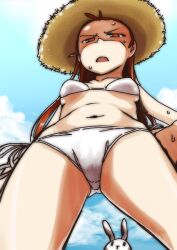  antenna_hair bikini brown_eyes brown_hair cloud commentary_request day female from_below hat hot idolmaster idolmaster_(classic) long_hair minase_iori navel open_mouth sky solo straw_hat stuffed_animal stuffed_rabbit stuffed_toy sun_hat sweat swimsuit ttomm usa-chan_(idolmaster) white_bikini 