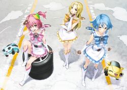  3girls blonde_hair blue_hair boots bow commentary_request drill_hair fingerless_gloves fukukitaru gloves jidoushazei_wo_osametai magical_girl multiple_girls pink_bow pink_hair short_hair shoshinsha_mark 