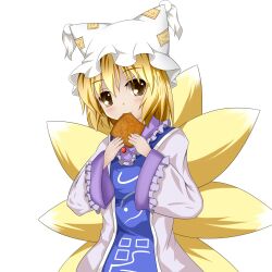  aburaage blonde_hair blush commentary_request dress eating female food fox_tail hat highres multiple_tails ofuda smile solo tail touhou upper_body yakumo_ran yellow_eyes yuyumi_(yuurei) 