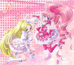  2girls blonde_hair blue_eyes boots bow braid brooch choker commentary_request cure_melody cure_rhythm curly_hair dress eighth_note ele fantastic_belltier frills full_body green_eyes hair_ribbon heart highres houjou_hibiki jewelry knee_boots long_hair magical_girl minamino_kanade miracle_belltier multiple_girls musical_note open_mouth photoshop_(medium) pink_background pink_bow pink_choker pink_hair pink_legwear pink_wrist_cuffs polka_dot precure ribbon shoes smile suite_precure thighhighs twintails wand white_choker wrist_cuffs 