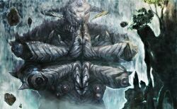  braindrill closed_eyes commentary_request extra_arms highres horns kuji-in meditation monster mudra no_humans original photoshop_(medium) rock third_eye tree water waterfall 