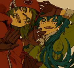  2girls aqua_eyes aqua_hair bad_id bad_pixiv_id gloves green_eyes green_hair gumi hands hatsune_miku hood hoodie horror_(theme) kotake_(tuvaru) long_hair matryoshka_(vocaloid) multiple_girls smile twintails upper_body vocaloid yellow_eyes 