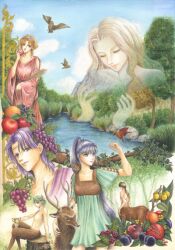  3boys 3girls animal apple artemis_(mythology) bird blonde_hair blue_eyes blue_hair brown_hair centaur check_commentary commentary_request day deer demeter_(mythology) dionysus_(mythology) fantasy food fruit grapes greek_mythology green_hair kaori_natsuki long_hair monster_boy multiple_boys multiple_girls orange_hair purple_eyes purple_hair satyr short_hair squirrel taur traditional_media tree water 