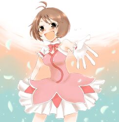  ahoge asymmetrical_clothes bad_id bad_pixiv_id bare_shoulders bow breasts brown_eyes brown_hair cleavage cute_&amp;_girly_(idolmaster) dress female gloves hidaka_ai highres idolmaster idolmaster_dearly_stars medium_breasts petals pink_bow smile solo tears warabeshi 