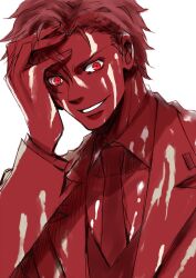  1boy baccano! blood claire_stanfield commentary_request kaoru male_focus md5_mismatch necktie red_eyes red_hair simple_background solo white_background 