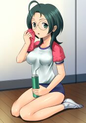  blue_buruma bottle buruma commentary_request female glasses green_eyes green_hair gym_uniform idolmaster idolmaster_dearly_stars indoors muhi11234 okamoto_manami shoes short_hair sitting socks solo towel uwabaki wariza water_bottle white_socks 