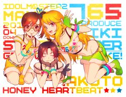  3girls ameri00 arm_up belt blonde_hair blush bracelet closed_eyes commentary_request fingerless_gloves from_side futami_mami gloves head_rest heart heart-shaped_eyewear hoshii_miki idolmaster idolmaster_(classic) idolmaster_2 jewelry kikuchi_makoto long_hair midriff multiple_girls navel open_mouth shirt short_hair shorts smile star_(symbol) street_hopper_(idolmaster) t-shirt undershirt 