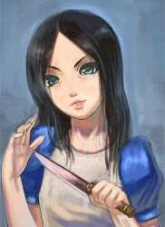  alice:_madness_returns alice_liddell_(american_mcgee&#039;s_alice) american_mcgee&#039;s_alice black_hair commentary_request female green_eyes inoi knife long_hair photoshop_(medium) solo weapon 