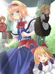  :d :o alice_margatroid apron bad_id bad_nicoseiga_id black_dress blonde_hair blue_dress blue_eyes blush book bow bowtie brown_hair capelet dress dutch_angle female flower grass hairband hairbow highres hourai_doll open_mouth outdoors pillar plant puppet red_dress reio_reio sash shanghai_doll smile solo string sunlight touhou vines waist_apron 