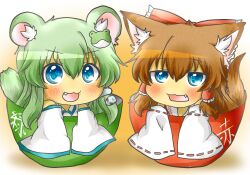  2girls :3 animal_ears bad_id bad_pixiv_id blue_eyes blush bow brown_hair cat_ears chibi detached_sleeves frog green_hair hair_tubes hairbow hakurei_reimu hamster_ears hamster_girl in_bowl in_container kemonomimi_mode kochiya_sanae long_hair long_sleeves multiple_girls oerba_yun_fang open_mouth rebecca_(keinelove) snake tail touhou translated 