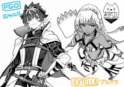  1boy altera_(fate) aoten_(aoiroarekore) armor bare_shoulders bikini body_markings breasts brother_and_sister cape charlemagne_(fate) choker dark-skinned_female dark_skin detached_sleeves fate/extella fate/extella_link fate/extra fate/grand_order fate_(series) female gloves greyscale grid_background hair_between_eyes looking_at_viewer monochrome multicolored_hair navel photon_ray_(fate) puff_and_slash_sleeves puffy_sleeves shirt short_hair siblings simple_background small_breasts smile spot_color streaked_hair swimsuit two-tone_hair veil weapon white_background 