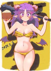  animal_print beans breasts club_(weapon) dated female highres horns kazuboh long_hair masu medium_breasts oni original purple_eyes purple_hair setsubun simple_background solo spiked_club tiger_print twitter_username weapon yellow_background 