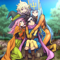  4girls arms_around_neck black_eyes blonde_hair blue_eyes blue_hair blue_tabard blue_tunic blurry blurry_background bodysuit brown_footwear brown_gloves brown_hair cape circlet commentary_request dragon_quest dragon_quest_iii dress earrings gloves green_dress harem hat heroine_(dq3) holding holding_staff jewelry kneeling knees_together_feet_apart long_hair looking_down looking_up mage_(dq3) mage_staff mitre monster_wrangler_(dq3) multiple_girls nakahira_guy oerba_yun_fang open_mouth orange_bodysuit orange_cape orange_gloves outdoors pink_hair priest_(dq3) purple_cape red_eyes rock roto_(dq3) short_hair silver_circlet sitting skin_fang smile spiked_hair staff stud_earrings tabard tunic witch_hat yellow_footwear yellow_gloves yuri 