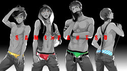  4boys bad_id bad_pixiv_id blue_eyes bulge free! gloves hat hood hooded_vest hoodie male_focus matsuoka_rin mikoshiba_momotarou monochrome multiple_boys nitori_aiichirou open_pants pants red_eyes sei_(hanibani) spot_color suspenders suspenders_pull topless_male underwear vest yamazaki_sousuke yellow_eyes 