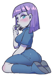  bad_id bad_pixiv_id blue_eyes blunt_bangs blush boots colored_skin expressionless female from_behind full_body grey_skin looking_at_viewer looking_back maud_pie my_little_pony my_little_pony:_friendship_is_magic pebble personification purple_hair sanjiro_(tenshin_anman) short_hair simple_background sitting solo wariza white_background 