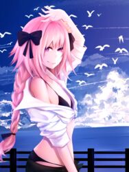  1boy absurdres ass astolfo_(fate) bikini bird black_bikini commentary crossdressing english_commentary fate/apocrypha fate/grand_order fate_(series) hair_ribbon highres male_focus ocean otoko_no_ko pink_hair ponytail purple_eyes rebyo ribbon seagull self-upload smile solo swimsuit 