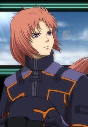  bad_id bad_pixiv_id bodysuit cabbage666 female gundam gundam_unicorn helmet marida_cruz orange_hair pilot_suit purple_eyes solo unworn_headwear unworn_helmet 