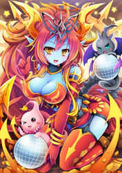  :d argyle argyle_legwear ball bangle bare_shoulders belt blue_skin blush bracelet breasts cleavage demon_girl devilit directional_arrow disco_ball elbow_gloves garter_straps gloves goushou hair_up halo heart hera-ur_(p&amp;d) hera_(p&amp;d) horns jewelry large_breasts long_hair open_mouth pointing pointing_up pointy_ears puzzle_&amp;_dragons red_gloves red_hair red_legwear rubylit shorts smile solo star thighhighs tiara very_long_hair yellow_eyes 