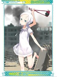  bottomless city explosive female green_eyes grenade kino_no_tabi kuroboshi_kouhaku looking_at_viewer panties rubble ruins short_hair sling smoke solo sundress tea_(kino_no_tabi) white_hair 