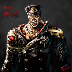  1boy admiral_(kancolle) alternate_costume character_name commentary_request crossover exposed_muscle hat kantai_collection military military_uniform misawa_kei naval_uniform nemesis_(resident_evil) non-human_admiral_(kancolle) peaked_cap resident_evil signature teeth uniform 