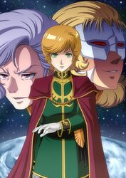  2boys angelo_sauper audrey_burne bad_id bad_pixiv_id blonde_hair cabbage666 cape commentary_request female full_frontal green_eyes grey_hair gundam gundam_unicorn long_hair mask military military_uniform mineva_lao_zabi multiple_boys orange_hair pantyhose purple_eyes short_hair uniform white_hair white_legwear 