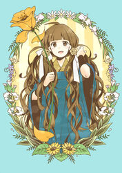  bad_id bad_pixiv_id blunt_bangs brown_eyes brown_hair daisy female flower japanese_clothes long_hair original poppy_(flower) sasaki_nakona solo sunflower twintails 