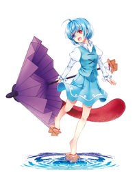  ahoge bad_id bad_pixiv_id bare_legs blue_eyes blue_hair female fuusha geta heterochromia karakasa_obake long_sleeves open_mouth purple_umbrella red_eyes ripples short_hair simple_background skirt smile solo tatara_kogasa tongue touhou umbrella water white_background 