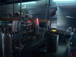  beaker cable canister chair chemistry commentary_request dark erlenmeyer_flask flask fluorescent_lamp glowing industrial_pipe lab_condenser laboratory lamp living no_humans original photorealistic realistic scenery science tools vial 