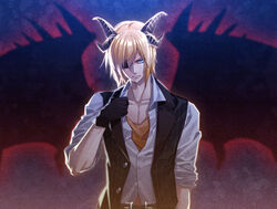  1boy bat_wings blonde_hair blue_eyes eizen_(tales) gloves hair_over_one_eye horns male_focus photoshop_(medium) sirius_rgras solo spoilers tales_of_(series) tales_of_berseria upper_body vest wings 