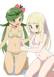  2girls :d ass_visible_through_thighs bare_arms bare_legs bare_shoulders barefoot bikini blonde_hair blunt_bangs blush bow bow_bikini braid breasts breasts_apart closed_mouth collarbone commentary_request dark-skinned_female dark_skin endou_masatoshi eyelashes fingernails flower green_bikini green_bow green_eyes green_hair groin hair_flower hair_ornament halterneck hand_on_another&#039;s_shoulder hands_up kneeling lillie_(pokemon) long_hair looking_at_another low_twintails mallow_(pokemon) medium_breasts multiple_girls navel open_mouth pokemon pokemon_sm purple_bikini purple_bow simple_background small_breasts smile stomach string_bikini swept_bangs swimsuit teeth thighs tongue twin_braids twintails upper_teeth_only very_long_hair white_background 