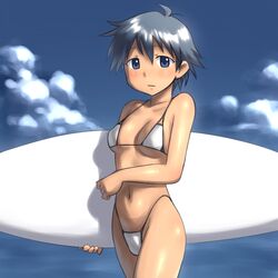  aaaa_(quad-a) bad_id bad_pixiv_id bikini blue_eyes blue_hair blush breasts cloud day female highleg highleg_bikini highleg_swimsuit highres holding holding_behind_back holding_surfboard medium_breasts navel saitou_nagisa shinryaku!_ikamusume short_hair sky solo surfboard swimsuit white_bikini 